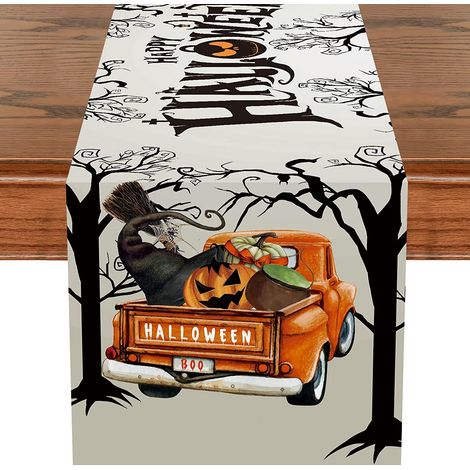 Chemin de table Joyeux Halloween, 33 x 183 cm, motif bois gris et camion, pour l'automne, les fêtes, la cuisine, la salle à manger, en polyester, déco (1/5)