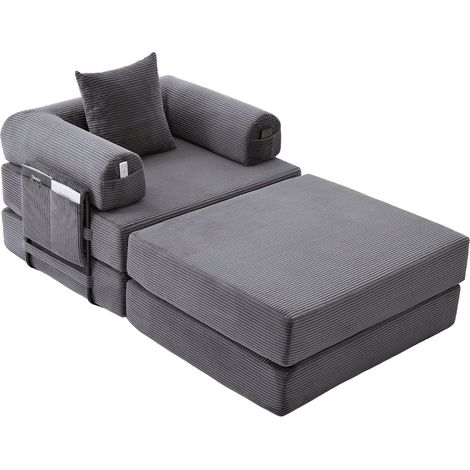Sillón con Pouf en Corduroy, Acolchado Grueso, Bolsillo Lateral, Cojín, Gris Oscuro (1/5)
