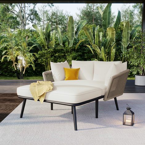 Salon de jardin canapé bain de soleil extérieur avec 2 coussins acier galvanisé corde tressée coussin 10 cm déhoussable khaki UV (1/5)