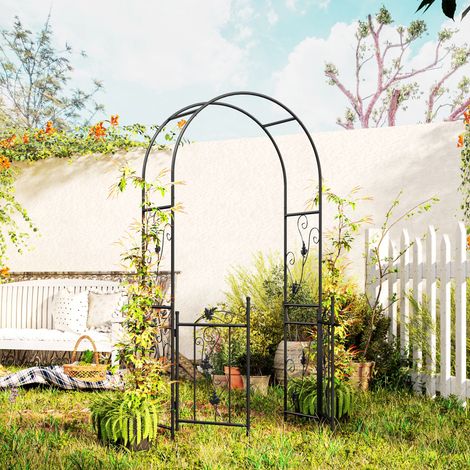 Arco de jardín con puerta, enrejado metálico para plantas trepadoras, 2,2 x 1 m, negro.