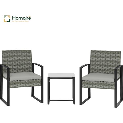 HOMAIRE Set de jardin en rotin bistro 3 pièces avec 2 chaises, table basse et coussins amovibles gris clair