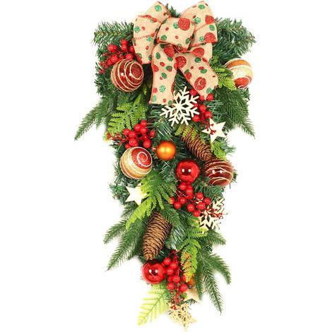 Guirlande De Noël En Forme De Sapin Renversé - Couronne De Noël À Goutte D’eau Avec Nœud - Décoration Murale Et Porte - 65 cm