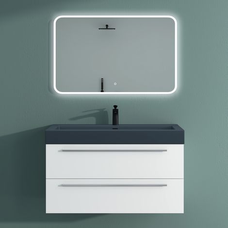 Mai & Mai Meuble de Salle de Bain Blanc Mat 100cm Meuble sous Vasque Quadratto Meuble Suspendu avec Vasque et Miroir (1/5)