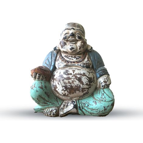 Statue de Bouddha sculptée à la main à la menthe bleue vintage - 30 cm - Happy Buddha- Vendu par 1