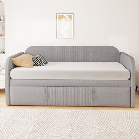 Sofá cama extensible 90/180 x 190 cm con somier de lamas, tejido de lino, gris claro OKMYHOME (1/5)