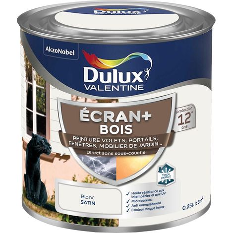 ECRAN+ BOIS - Peinture satinée pour bois extérieur - Volets, portes, fenêtres, portails - Blanc 0,25 L - Dulux Valentine