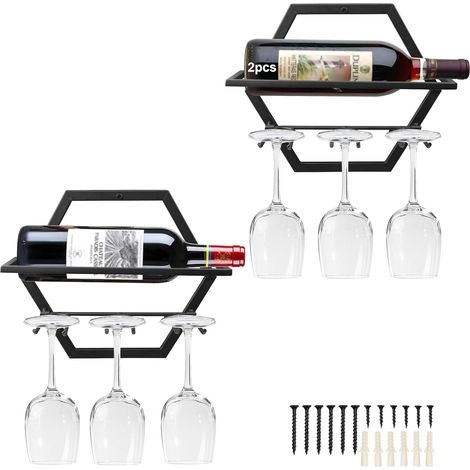 Casier à vin mural métal 1 bouteille avec porte-verres noir