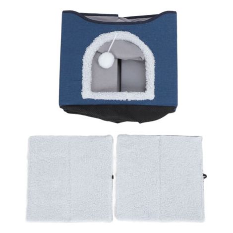 QORVA- Maison pliable pour chat, 2 couches, lit de grotte multifonctionnel pour chaton, grattoir doux pour l'intérieur, bleu marine (1/5)