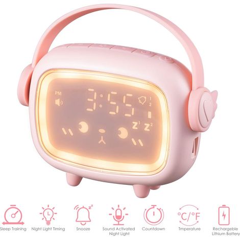 Réveil de chevet rechargeable pour enfants – Combine les fonctions d'aide à l'apprentissage du sommeil, de réveil et de veilleuse (Rose) (1/5)