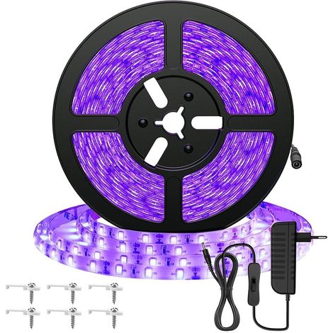 Ruban LED UV 5M Bande Lumière Noire, 395m-405nm 300 LEDs Ultraviolet Eclairage Ambiance pour Body Painting, Peinture Fluo Halloween, Noël (1/5)