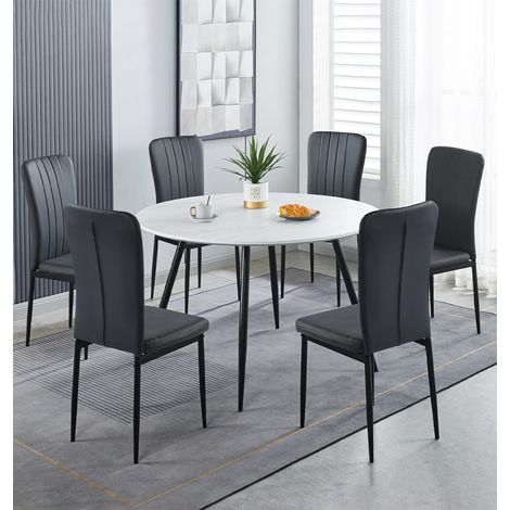Hallowood Furniture Cullompton Large Round Dining Table and Chairs Set 6, White Marble Effect Kitchen Table and Chairs Upholstered in Black Faux Leather, Dining Room Sets for Home and Cafe (1/5)