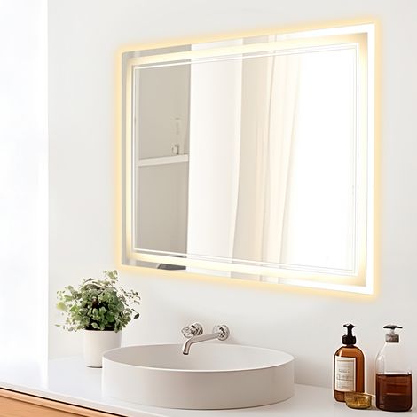 Rechteckiger Silberspiegel, 35,43 × 27,56 × 0,98 Zoll, LED-Badezimmerspiegel mit zwei Lichtquellen, stufenloser Dimmfunktion in drei Farben + Touch-Schalter, horizontale und vertikale Montage, europäi (1/5)