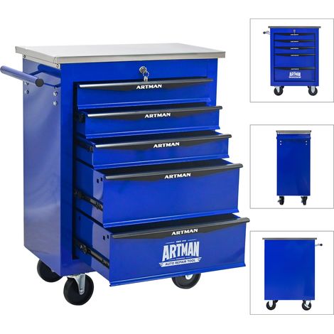 Carrello per Utensili 56.6x34.5x78 cm, 5 Cassetti, con Ruote Bloccabili, in Acciaio, Blu, per Officina e Garage (1/5)