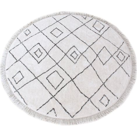Tapis de Salon Rond Style Berbère 100% Coton Ivoire et Taupe avec Franges - Diamètre 160 cm - PANGIVO (1/3)