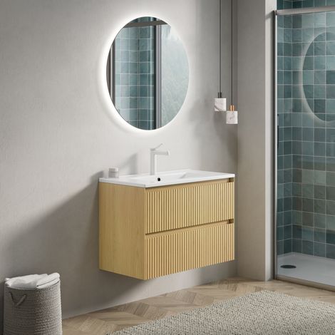Hängender Badschrank 75 cm mit weißem Keramikwaschbecken, 2 Schubladen, goldene Eiche (1/5)