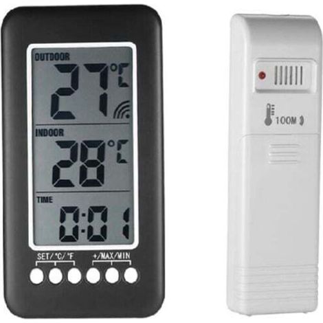 Digitales Innen-/Außenthermometer mit LCD-Uhr, Anzeige in °C/°F, inkl. drahtlosem Sensor, präzise Messung der Raum- und Außentemperatur
