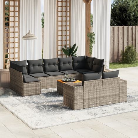 Salon de Jardin 10 Places Canapé Modulable Résine Tressée Gris avec Coussins et Table Acacia (1/5)