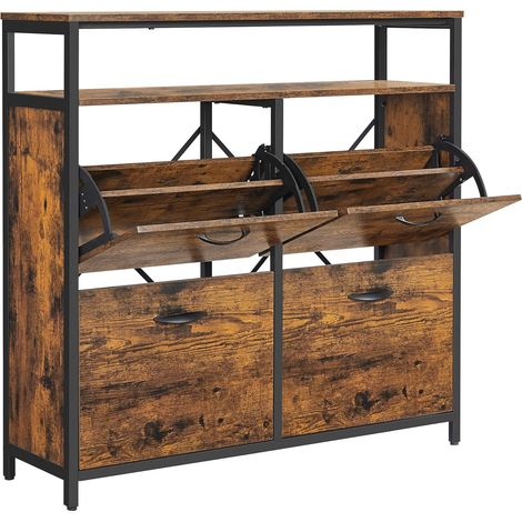 Vasagle – Meuble à chaussures 4 abattants – Rangement pour 12-20 paires – Compartiments réglables – Dimensions 98,3 x 30 x 95 cm – Marron rustique et noir (1/5)