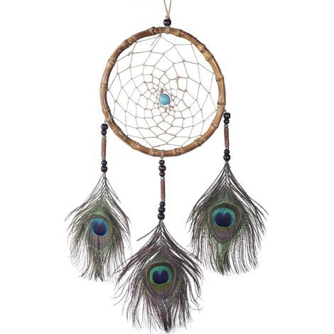 Gros Attrape-rêves Dreamcatcher avec Perles et Vraies Plumes Brun Noisette - Ø 18 cm (1/4)