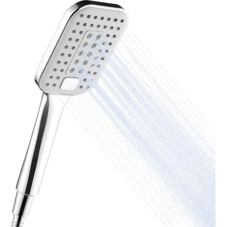Handbrause mit 3 Strahlarten, großer quadratischer Duschkopf, wassersparender Duschkopf, Duschkopf mit flexiblem Schlauch fürs Badezimmer, Chrom (1/4)