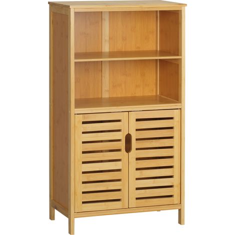 Armoire basse de salle de bain en bambou avec portes à lamelles et système anti-basculement, rangement compact et polyvalent (1/5)