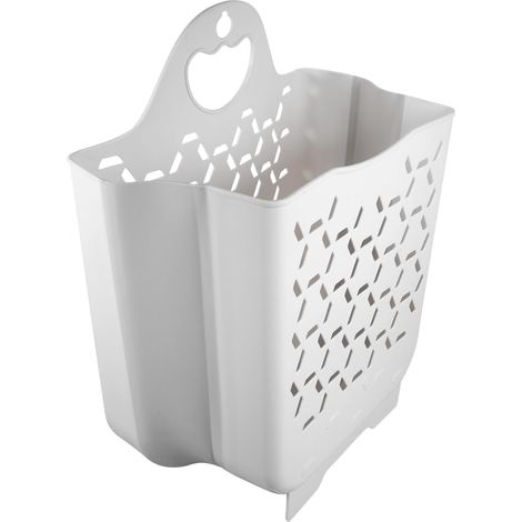 Panier à linge pliable en plastique blanc de taille moyenne avec poignée à suspendre sur le mur de la salle de bain - Panier de rangement pour vêtements sales et dans la salle de bain (1/5)