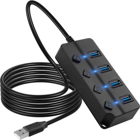 Hub USB, répartiteur USB à 4 ports avec commutateurs LED marche/arrêt individuels de 1 m de long, extenseur multi-ports, répartiteur USB à transfert de données rapide pour ordinateur (1/5)