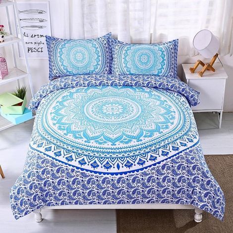 Bettwäsche Set 200x200 cm Blau Weiß Mandala Blumen Boho Mikrofaser 2 Kissenbezüge 80x80 cm