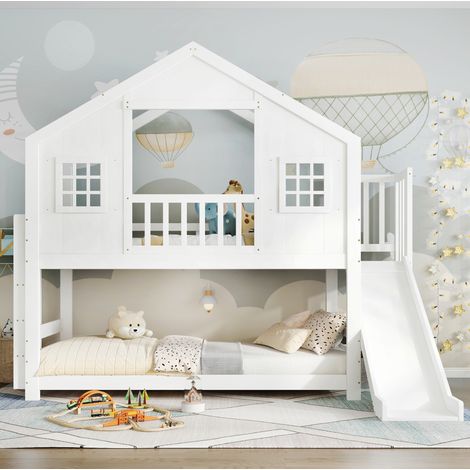 Cama alta de madera blanca 90x200 cm con tobogán, escalera y diseño de ventana y techo (1/5)