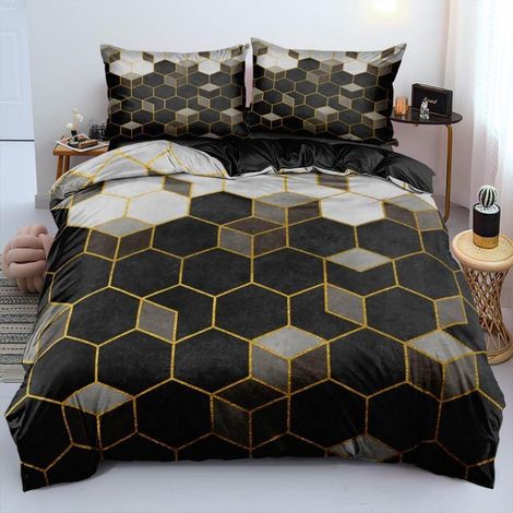 3D Bettwäsche Set 155x220cm Geometrie Gitter Schwarz Gold Mikrofaser mit Reißverschluss
