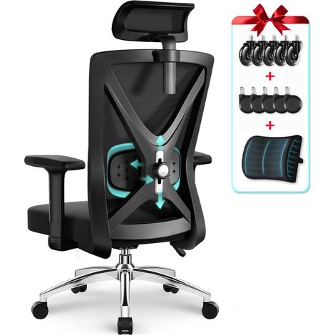 Bürostuhl, Bürostuhl ergonomisch, verstellbare Kopfstütze und Lendenstütze, verstellbare Armlehnen, Metallfuß, mit leisen Gummirädern und Lordosenkissen, schwarzer, 200kg (1/5)
