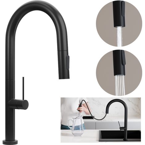 PRIMAGRAN Robinet de cuisine 9020, Robinet d'évier rotation 360°, Robinet haute pression, avec deux types de jet, avec bec rétractable, Noir