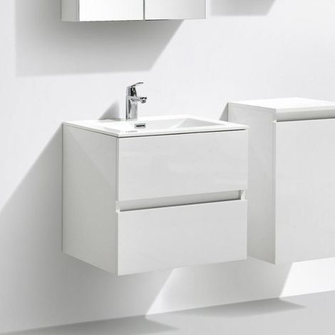 Stano. – Meuble salle de bain suspendu avec vasque simple 60 cm – Marbre synthétique blanc – 2 tiroirs – Système de fermeture silencieuse