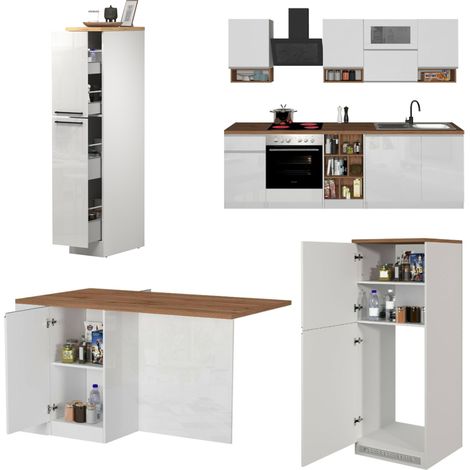 Dmora - Cucina completa Armend, Set con dispensa, Mobile per cucinotto, Kit blocco con isola e portafrigo, 100% Made in Italy, Bianco lucido e Rovere (1/5)