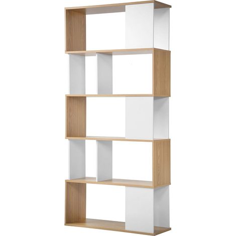 Calicosy – Bibliothèque bicolore blanc et chêne – 5 niveaux – Longueur 80 cm x Largeur 29,5 cm x Hauteur 173,5 cm – Panneaux de particules résistants
