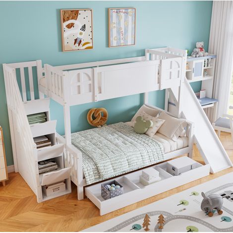 Litera 90x200 cm blanca, con rampa, escalera con almacenaje y ventanas (1/5)