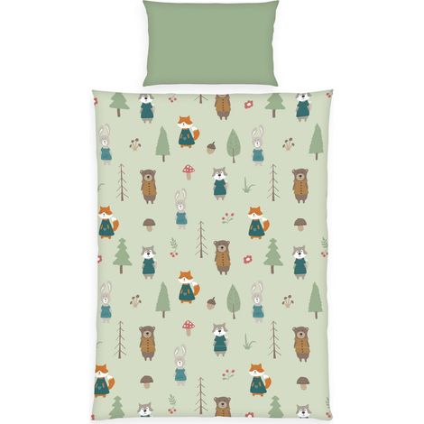 Flanelle Tout-Petit Animaux de la forêt, 1 Taie d’Oreiller 40x60 cm, 1 Housse de Couette 100x135 cm, 100% Coton/Flanelle, Vert (1/5)