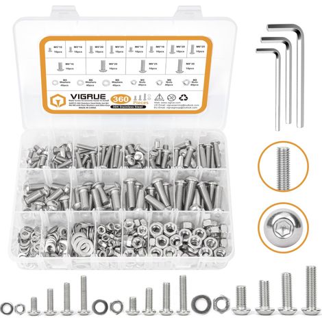 Lot de 360 vis en acier inoxydable 304 M5 M6 M8 avec écrous, rondelles et clés à six pans creux dans une boîte de rangement (1/5)