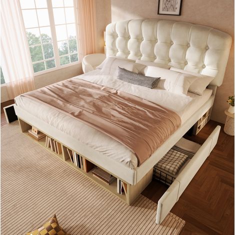 Cama doble con almacenamiento tapizada beige OKMYHOME (1/5)