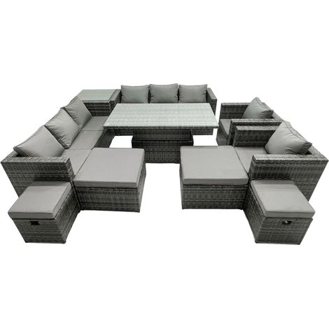 Fimous Rattan Dining Table Sofa Set with Side Table 2 Armchair 4 Stools Outdoor 12 Seat Garden Furniture Set Dark Grey Mixed (1/5)