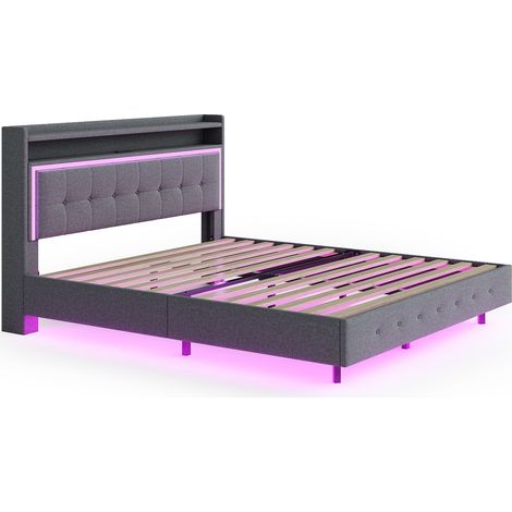 Lit rembourré 160x200 cm en tissu lin gris avec LED et prise USB, sommier à lattes inclus (1/5)