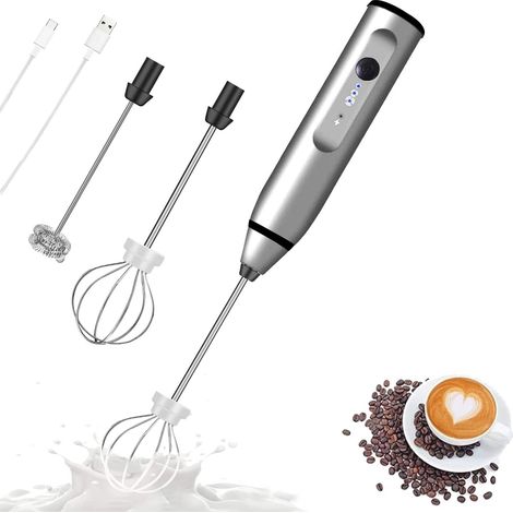 Mousseur à lait électrique portable rechargeable avec 2 fouets en acier inoxydable et mini-blender à 3 vitesses réglables