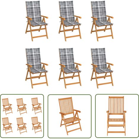 The Living Store Chaises de jardin lot de 6 et coussins carreaux gris Bois teck - Chaise De Jardin - Mobilier De Jardin - Fauteuil De Jardin - Meubles De Terrasse - Teck (1/5)