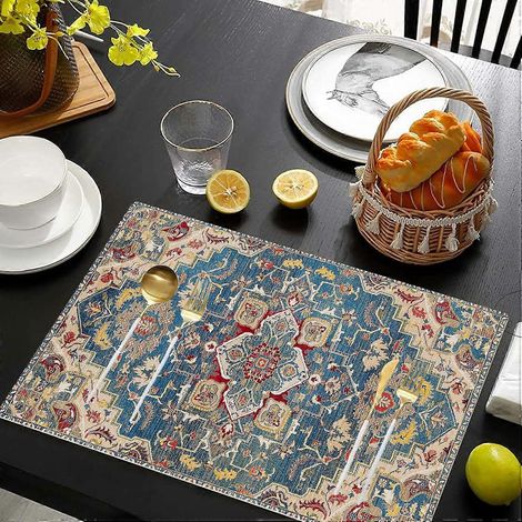 Ensemble de 4 sets de table bohèmes colorés pour l'intérieur, bleu et rouge, en lin ethnique lavable et résistant à la chaleur, pour tables de cuisine et de salle à manger, 30 x 45 cm (12 x 18 pouces) (1/3)