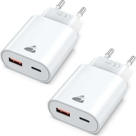 2Pack Chargeur USB C, 20W Prise USBC Adaptateur Secteur Type C PD+QC Double Mural Prise Bloc Type C Chargeur Rapide pour 16 15 14 13 12 11 Pro Max XS XR X 8 7 6 SE iPad, Galaxy, Telephone (1/5)