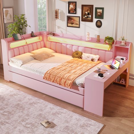 DESVIAE Lit de jour rembourré 140 x 200 avec LED USB lit gigogne 90 x 190 bureau intégré et étagères rose (1/5)