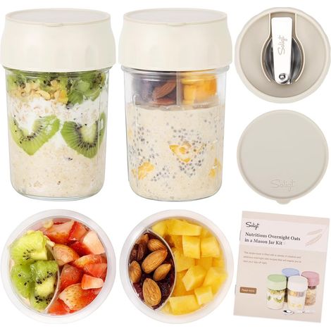 Soligt Overnight Oats Behälter mit Deckel, Klapplöffeln, unterteilten Fächern, 473 ml Glasbehälter für Haferflocken-Joghurt – perfekt für die Zubereitung von Haferflocken über Nacht (1/5)
