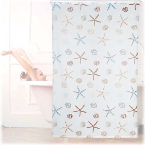 Relaxdays Tenda a Rullo Ocean, Impermeabile, Vasca, Doccia, Conchiglie, Montaggio a Soffitto, 140x240cm, Semitrasparente (1/5)