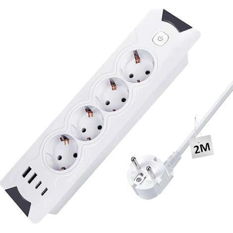 8-IN-1 Einbausteckdose mit USB, 4-Fach Tischeinbau Steckdosenleiste 2 USB-A und 2 Type-C, Tischplatte Versenkte Steckdose mit Schalter und 2M Kabel, Weiß (1/5)