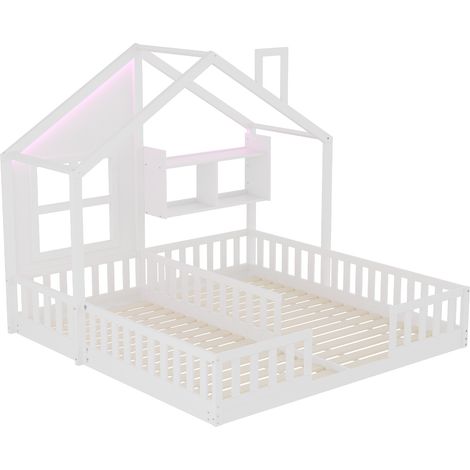Lit enfant en bois 90 × 200 cm, lit double indépendant, design maison avec fenêtres et cheminée, avec éclairage LED, barrière de sécurité et rangements, complet avec sommier à lattes, blanc (1/5)
